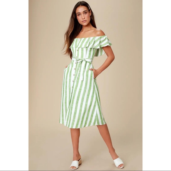 Lulus Dresses & Skirts - LULUS sunny days green stripe off the shoulder G16